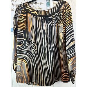 Bill Blass women's abstract balloon Long sleeve blouse, size medium Round Neck.